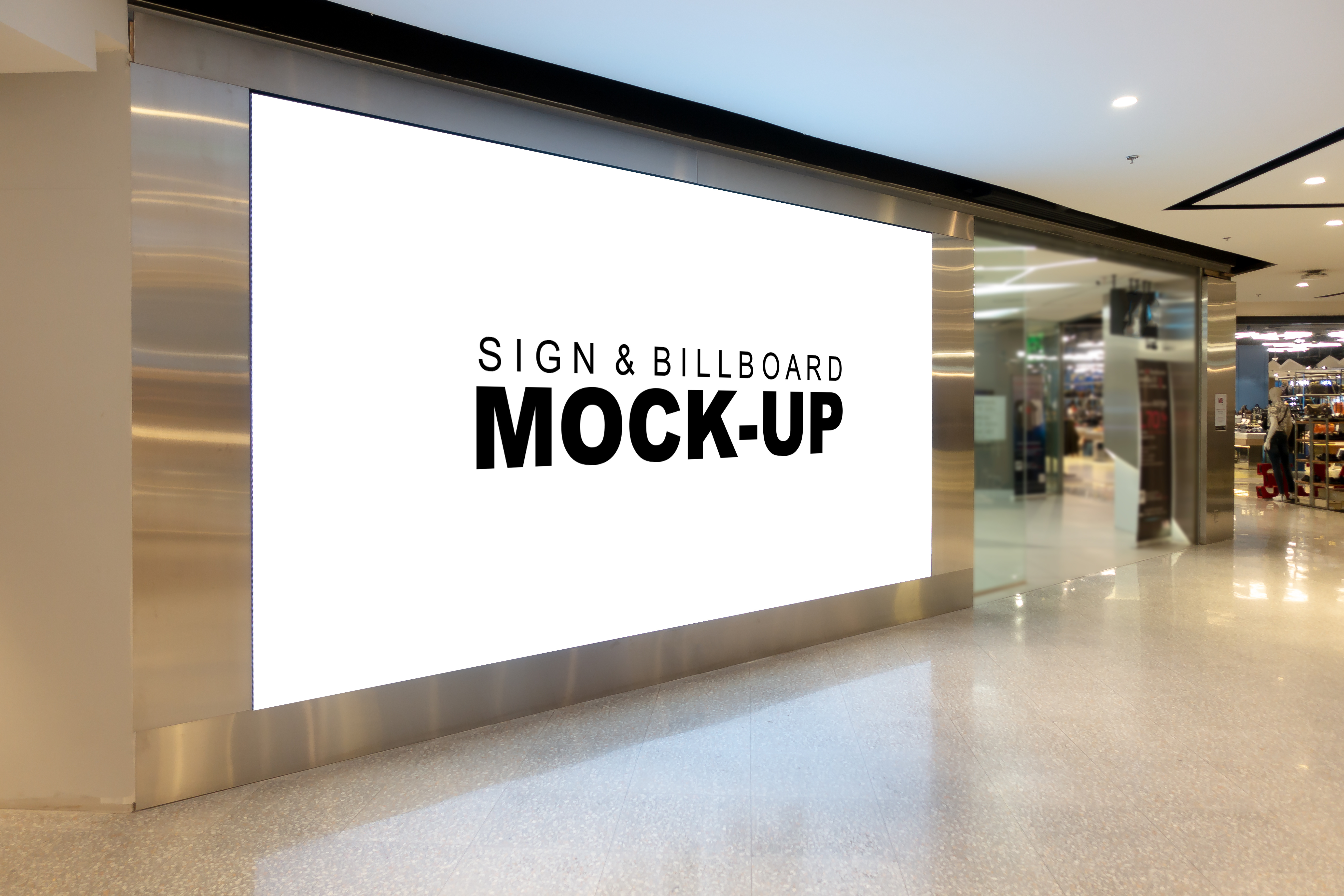 Mock up large billboard with clipping path at corridor, perspective white screen empty space for advertisement on the wall near walkway in the shopping mall